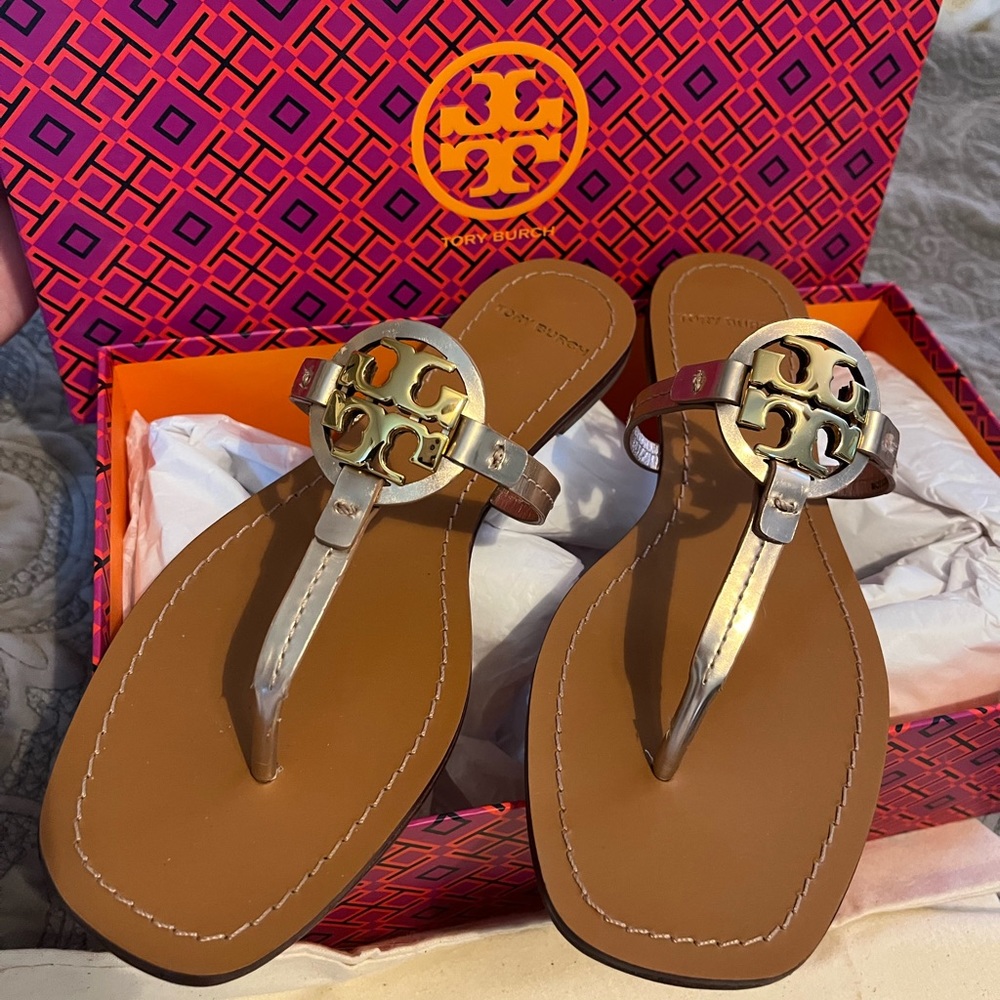 Tory Burch Mini Miller Leather Thong Mirror Metallic